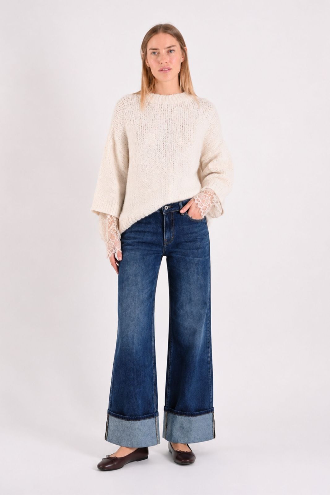 Myastreet Jeans Dritti con Risvolto Blu - Pantaloni Denim Straight Donna - Foto 3