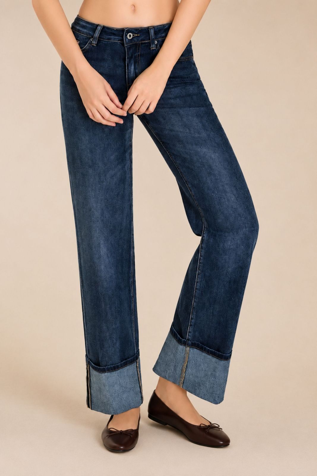 Myastreet Jeans Dritti con Risvolto Blu - Pantaloni Denim Straight Donna - Foto 4