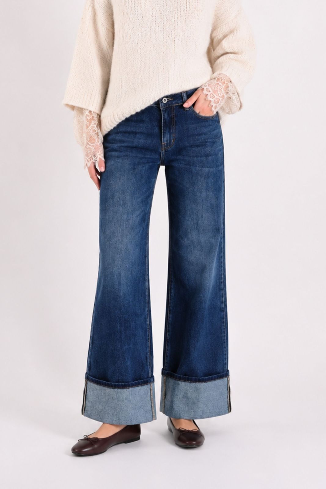 Myastreet Jeans Dritti con Risvolto Blu - Pantaloni Denim Straight Donna