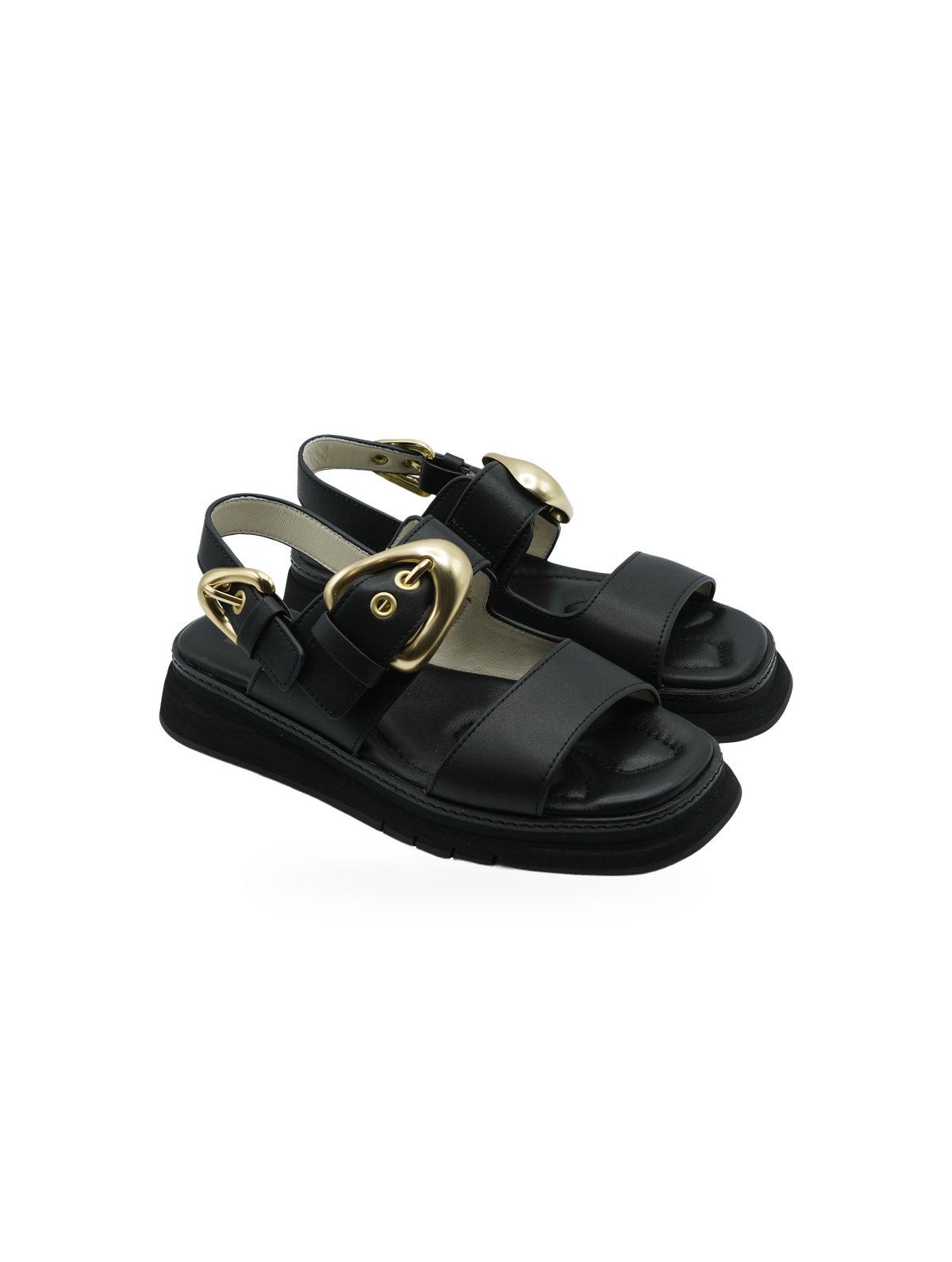 GIO+ Sandalo Malva Nero con Maxi Fibbie Oro